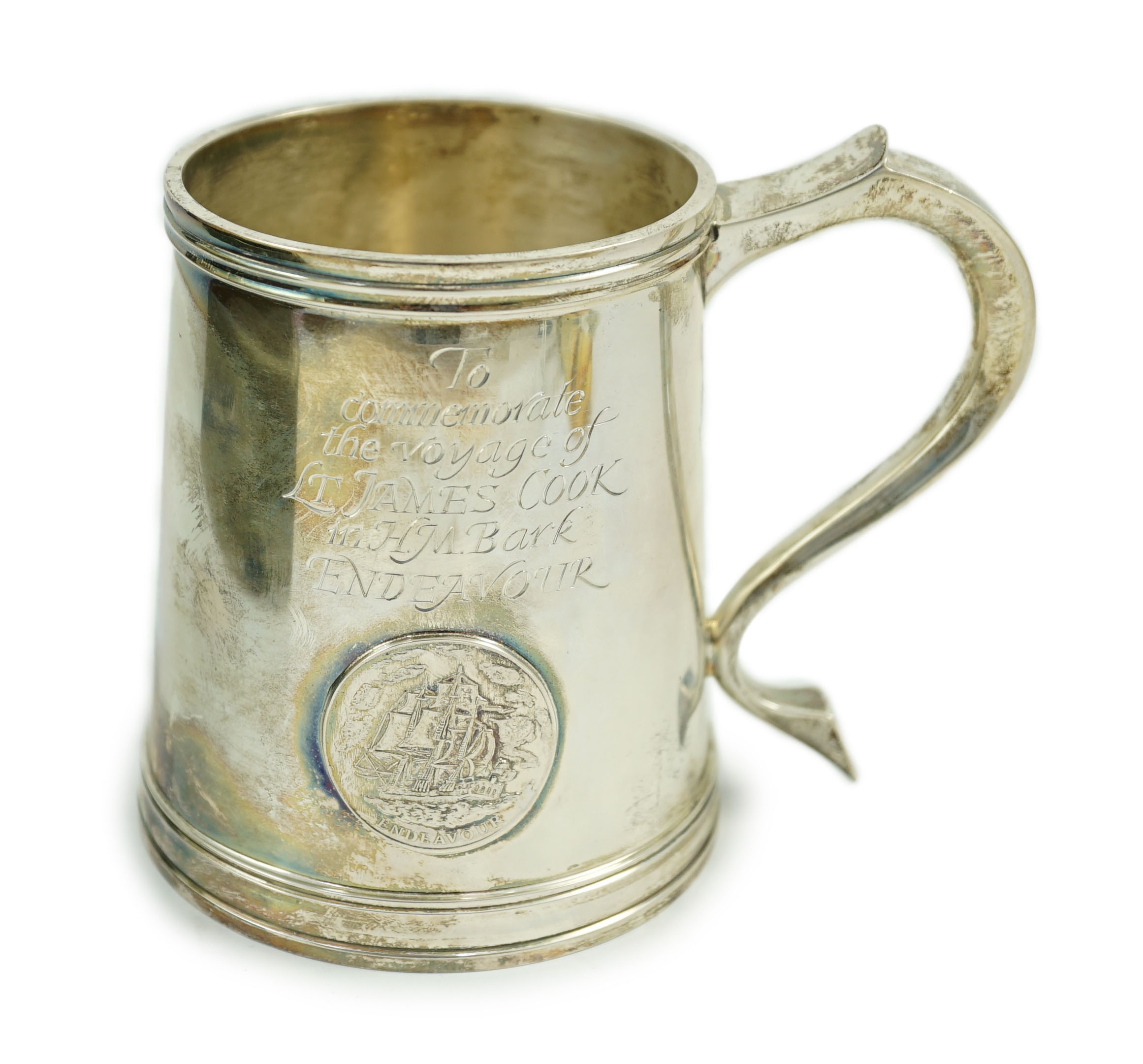 A cased Elizabeth II silver limited edition mug, engraved to commemorate the voyage of Lt. James Cook, in H.M. Bark Endeavour, to Australia